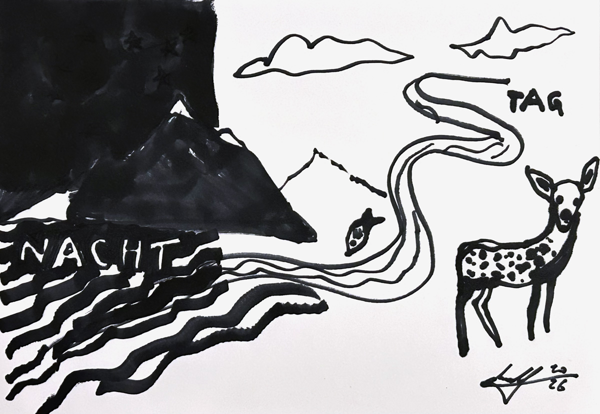 Original Baby Kontrastbild Tag und Nacht in Schwarz Weiß mit Fluss, Bergen und Wolken.